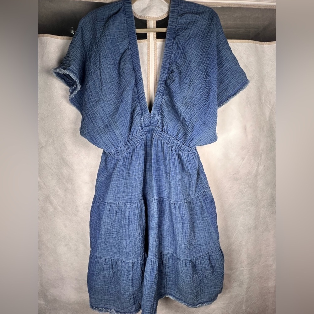 Aerie Gauzy Flutter Sleeve Dress Indigo Wash Size Large - Picture 3 of 6